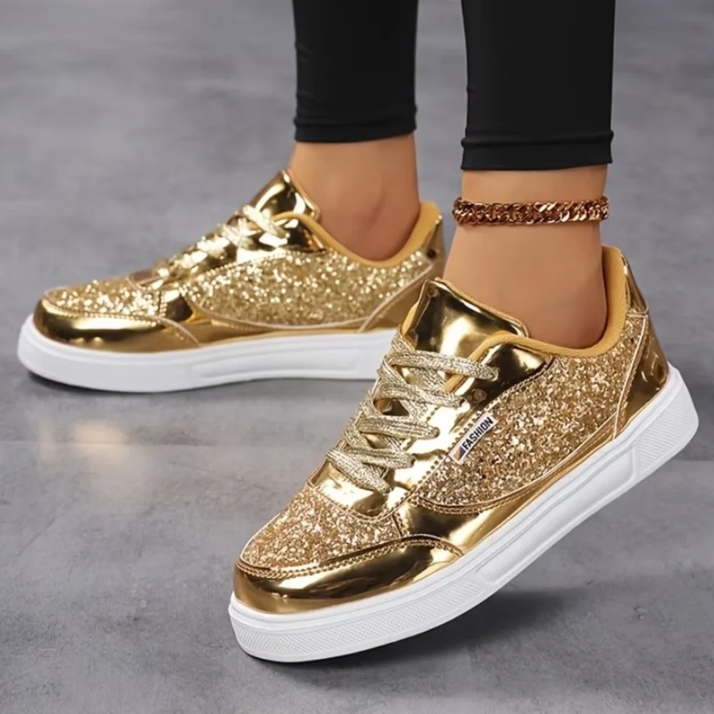 Women’s Gold Glitter Sneakers Streetwear Shoes Size 9 NWT - Picture 2 of 4